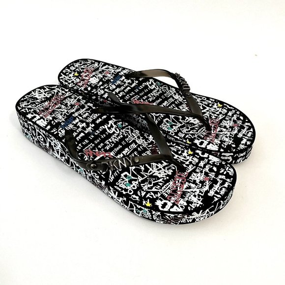 DKNY Jazzi Flip Flop Sandals Size 10 Black White Graffiti Logo Wedge Thong - Picture 4 of 7